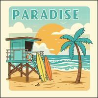 A serene beach scene depicts a lifeguard stand, surfboards, a palm tree, and a beautiful sunset over a tranquil ocean. vector