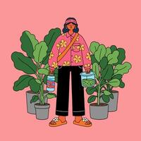 Girl with Plants and Drinks in Retro Style Illustration vector