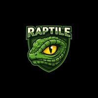 A stylized green reptile head forms the central element of a bold logo design ideal for a gaming team or sports mascot. vector