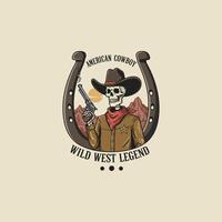 A skeleton cowboy, holding a revolver, is depicted within a horseshoe emblem, representing a wild west legend. vector