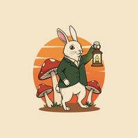 Elegant White Rabbit with Lantern Vintage Mushroom Forest Scene vector
