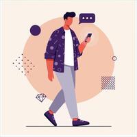 Man Walking and Using Smartphone with Messaging App vector