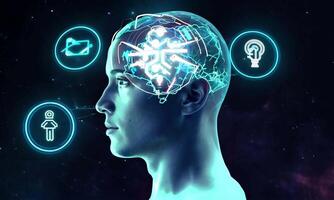 13 A graphic visualization of a human head overlaid with glowing digital data streams and network symbols video