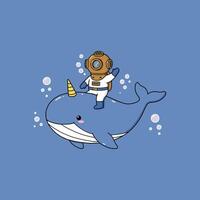 Adorable Diver on Unicorn Whale Whimsical Underwater Scene vector