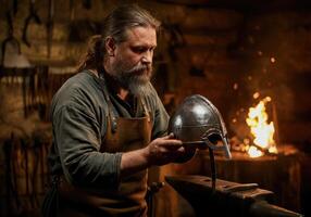 Bearded blacksmith examines handcrafted metal helmet in rustic workshop photo