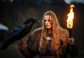 Viking woman with torch and raven in fur cloak photo