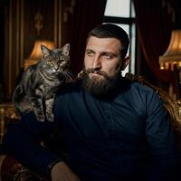 Bearded man with cat on shoulder in luxurious room setting photo