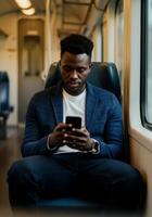 Young Black man using smartphone on train with focused expression and casual attire photo