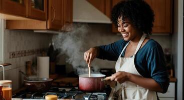 Smiling African American woman cooking on stove with red pot in kitchen photo