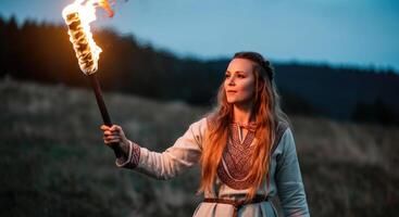 Medieval woman holding a flaming torch outdoors at dusk photo