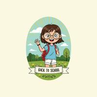 A cheerful cartoon girl with a backpack waves hello while standing in a park on the first day of school. vector