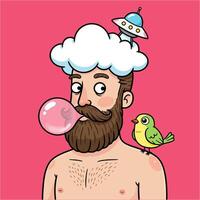 Funny Bearded Man Blowing Bubble with Cloud and Ufo vector