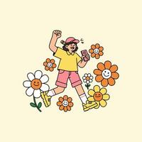Joyful Girl Running in Flower Field Taking Photos vector