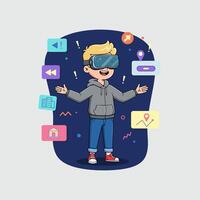 Boy Experiencing Virtual Reality Metaverse with Interactive Ui vector