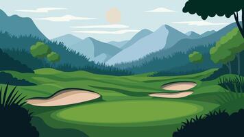 Green Golf Sport Field Nature Scenery with Mountains View in Bright Sky vector