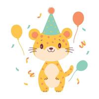Happy Cute Leopard Animal Cartoon Character Wearing Cone Hat Celebrating Birthday Party with Balloons vector