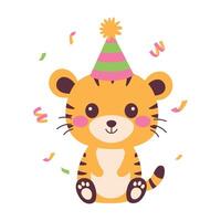 Happy Funny Tiger Animal Cartoon Character Wearing Cone Hat Celebrating Birthday Party with Confetti vector