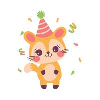 Happy Funny Fox Animal Cartoon Character Wearing Cone Hat Celebrating Birthday Party with Confetti vector