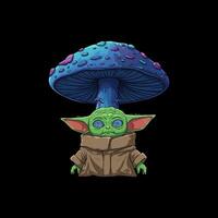 A cute Grogu character from Star Wars is depicted under a large vibrant psychedelic mushroom. vector