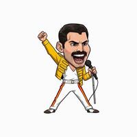 A stylized cartoon depiction of Freddie Mercury singing passionately into a microphone, his arm raised in a powerful pose. vector