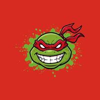A mischievous ninja turtle grins fiercely, his red mask adding to the intensity. The vibrant green and red pop against a red backdrop, creating a bold and energetic image. vector