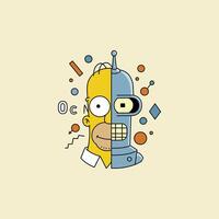 A playful split-face portrait blends Homer Simpson's cheery face with Bender's robotic half, set against a minimalist backdrop of colorful geometric shapes. A fun, nostalgic vibe vector