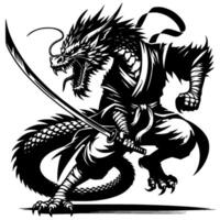 Ninja master dragon in katana sword attacking position in monochrome. Reptile fighter of secret clan animal roars. Tattoo minimalistic in black ink drawing on white background vector
