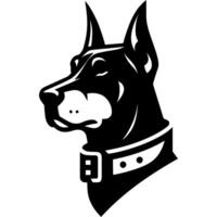 Tattoo of serious Doberman dog head in monochrome. Doberman dog border defender portrait side view. Engraving minimalistic in black ink drawing on white background vector