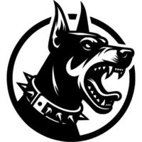 Tattoo of angry roaring Doberman dog head in monochrome. Doberman dog in madness side view. Engraving minimalistic in black ink drawing on white background vector