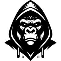 Tattoo of grumpy gorilla with hoodie on his head in monochrome. Orangutan street hooligan. Engraving minimalistic in black ink drawing on white background vector
