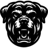 Tattoo of angry roaring Rottweiler dog head in monochrome. Rottweiler dog front view. Engraving minimalistic in black ink drawing on white background vector