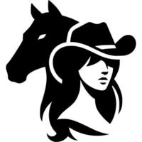 Tattoo emblem of portrait of cowboy girl in hat against background of horse head in monochrome. Engraving minimalistic in black ink drawing on white background vector