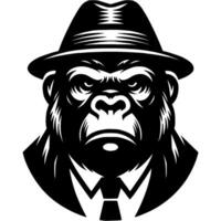 Tattoo of portrait of gorilla in black suit and hat head in monochrome. Bandit wanted. Engraving minimalistic in black ink drawing on white background vector