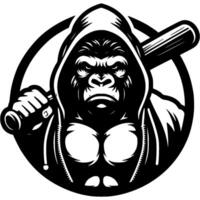 Tattoo of gorilla street gangster in monochrome. Orangutan fighter with baseball bat on shoulder. Engraving minimalistic in black ink drawing on white background vector