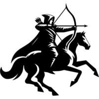 Tattoo emblem of hooded and cloaked archer riding horse rushes and aims an arrow at target in monochrome. Engraving minimalistic in black ink drawing on white background vector