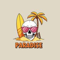 A cartoon skull wearing sunglasses rests on a sandy beach next to a surfboard and palm tree, representing a summer paradise. vector