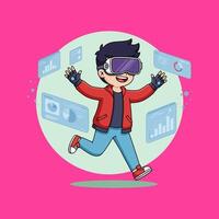 Boy in Vr Headset Exploring Virtual Data Worlds vector