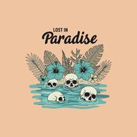 Four skulls float in turquoise water surrounded by lush tropical flora in a serene paradise setting. vector