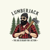 A stylish illustration of a lumberjack with a large axe, ready for work in a forest setting. vector
