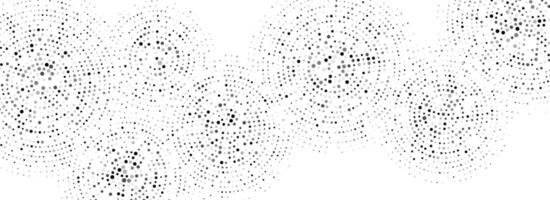 Black dotted concentric circles pattern. Radial halftone abstract wallpaper. Rippled sound wave rings background. Tech circular particles texture for banner, poster, presentation. vector