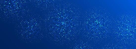Digital technology pattern wallpaper. Glowing blue dotted circle background. Abstract dot round grid backdrop for business, science, healthcare, medicine, finance. Navy shining texture surface vector