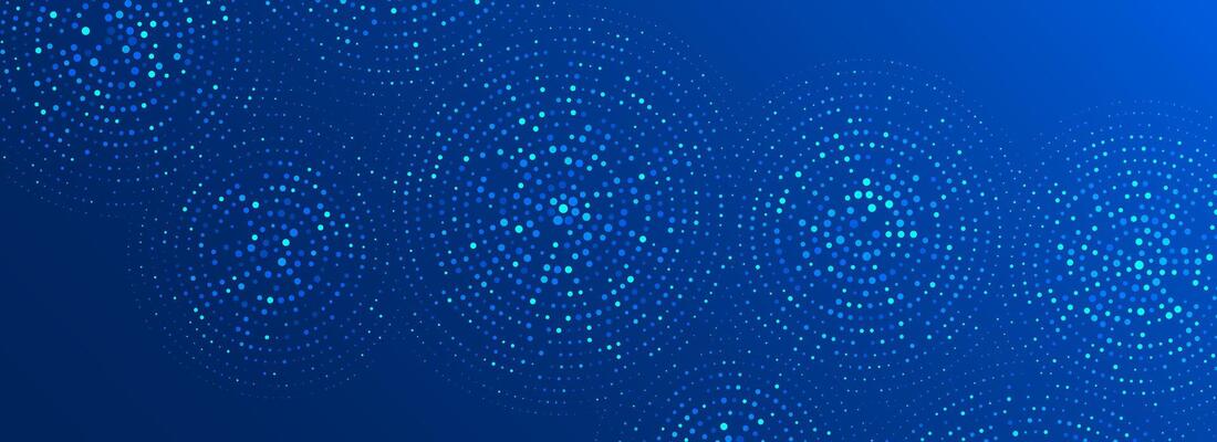 Digital technology pattern wallpaper. Glowing blue dotted circle background. Abstract dot round grid backdrop for business, science, healthcare, medicine, finance. Navy shining texture surface