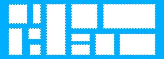 White postage stamp set. Poststamp frames or borders. Rectangle or square template for mail, postcard, letter, note. Jagged wavy edge forms. Zigzag rectangular objects for badge, sticker, photo vector