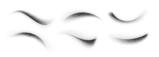 Dotted curved brush stroke set. Wavy grainy spray element collection. Black flowing sand splashes pack. Stippled noise gradient shades bundle. Splattered dust particle texture waves. vector