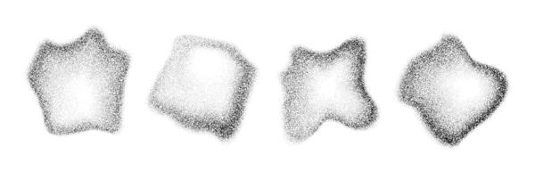 Fluid dotted gradient drop shapes. Black stippled liquid object set. Grainy spray spots and stains. Noise splashes and splatters forms. Dissolve sand dust texture. Fading halftone elements vector