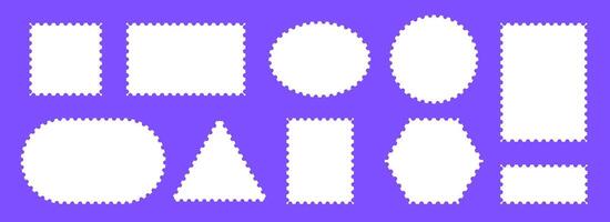 White postage stamp set. Poststamp frames or borders. Rectangle, circle or square template for mail, postcard, letter, note. Jagged wavy edge forms. Zig zag objects for badge, sticker, photo vector