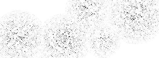 Black dotted concentric circle pattern. Radial halftone abstract wallpaper. Rippled sound wave ring background. Tech circular particle texture for banner, poster, presentation. vector