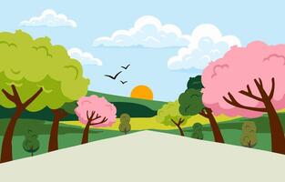 tree and road cartoon design for spring vector
