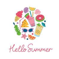 Summer greeting card with tropical drinks, fruits, ice cream, sunglasses, and beach elements. Vectr illustrations of cocktails. Bright and cheerful flat design with Hello Summer hand written text vector