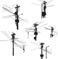 Silhouette of Utility Poles and Wires A collection of stylized, black silhouettes of utility poles and electrical wires. vector
